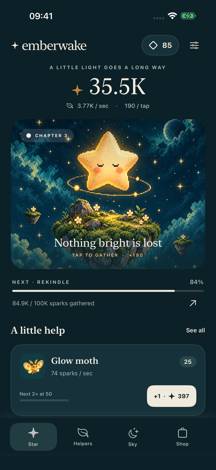 Emberwake development screenshot showing 35.5K sparks, the fallen star above its moon garden, a chapter progress bar and the Glow moth helper.