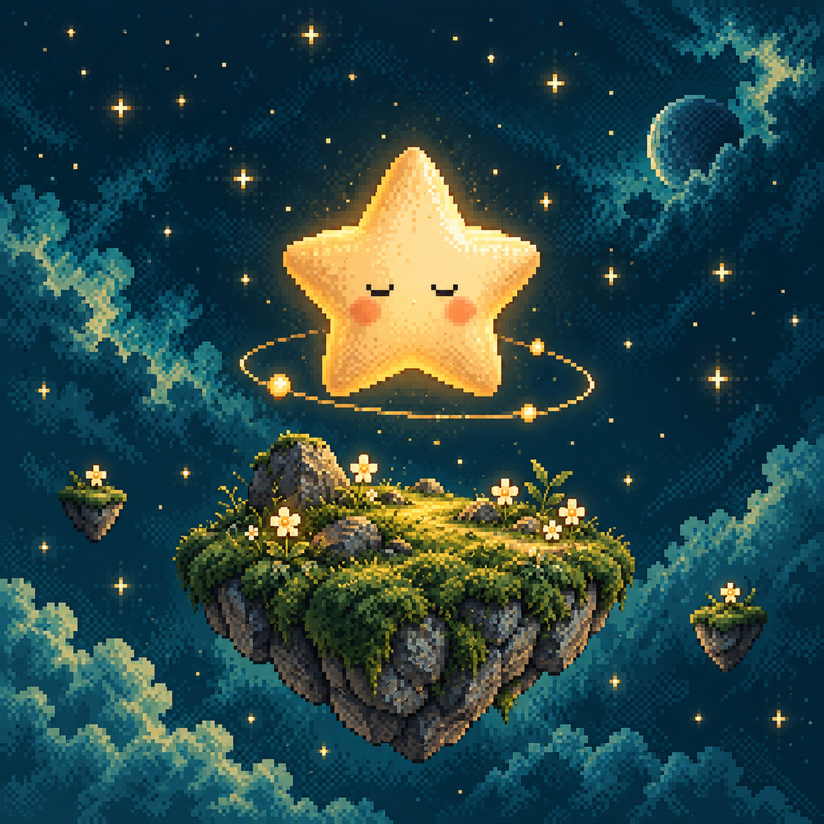 Pixel art of a sleeping golden star with an orbiting ring of lights above a mossy floating island covered in small white flowers.