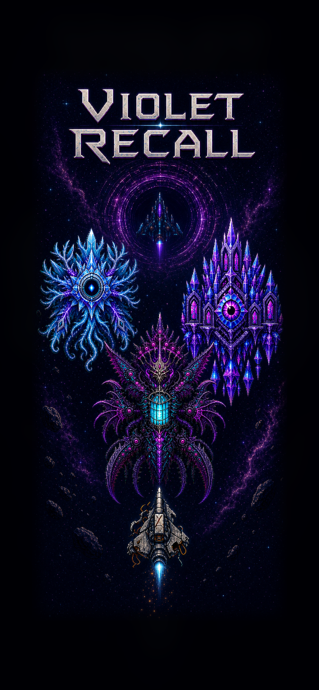 Violet Recall pixel art splash: a lone silver starship rising through asteroid debris towards vast violet and cyan alien structures.