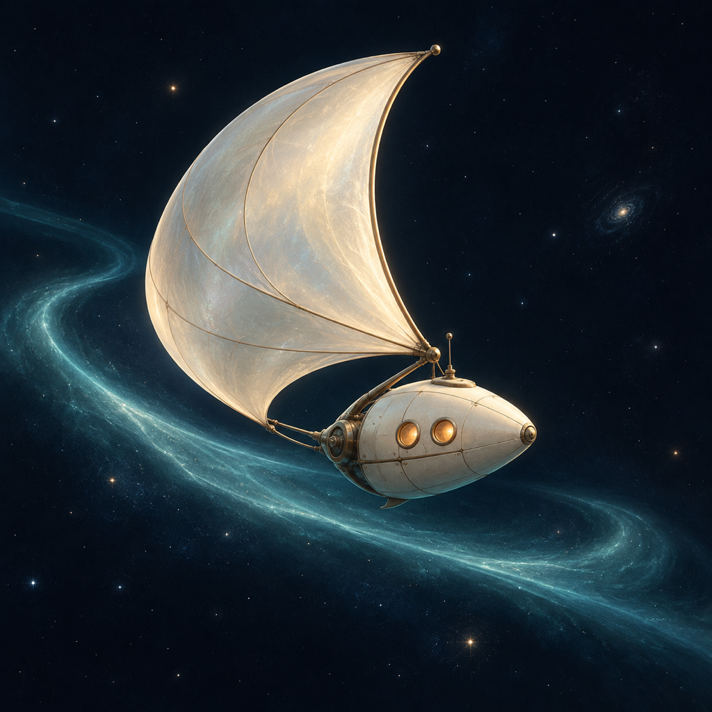 An ivory crescent-sail spacecraft following a turquoise current through midnight-blue space.