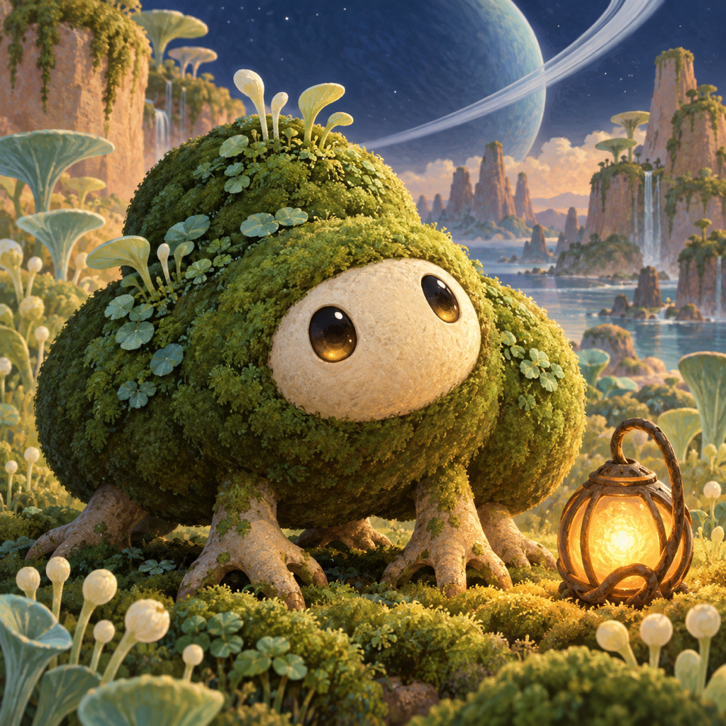 An original round moss-covered Pebbletuck beside a warm lantern beneath planetary rings.