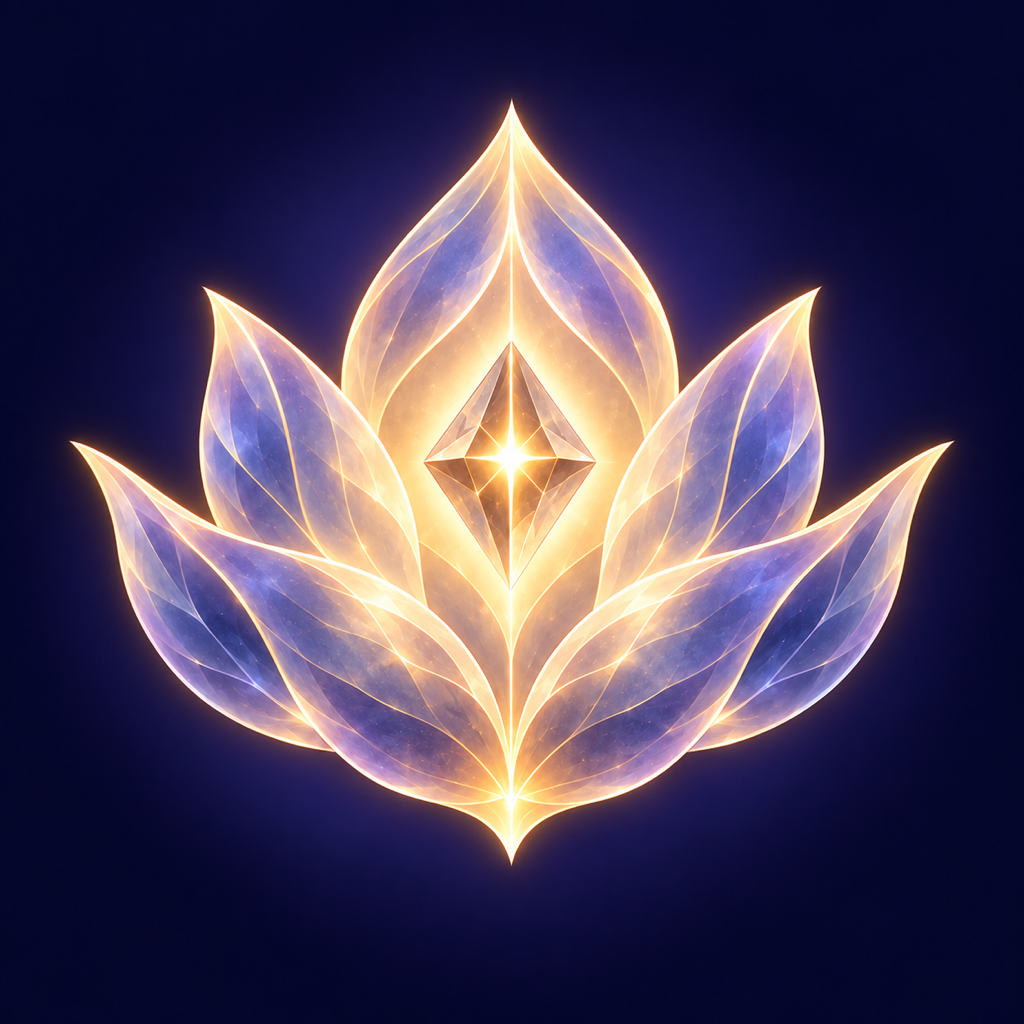 Stilllight's original crystalline petal star, lit with warm gold on a deep indigo sky.